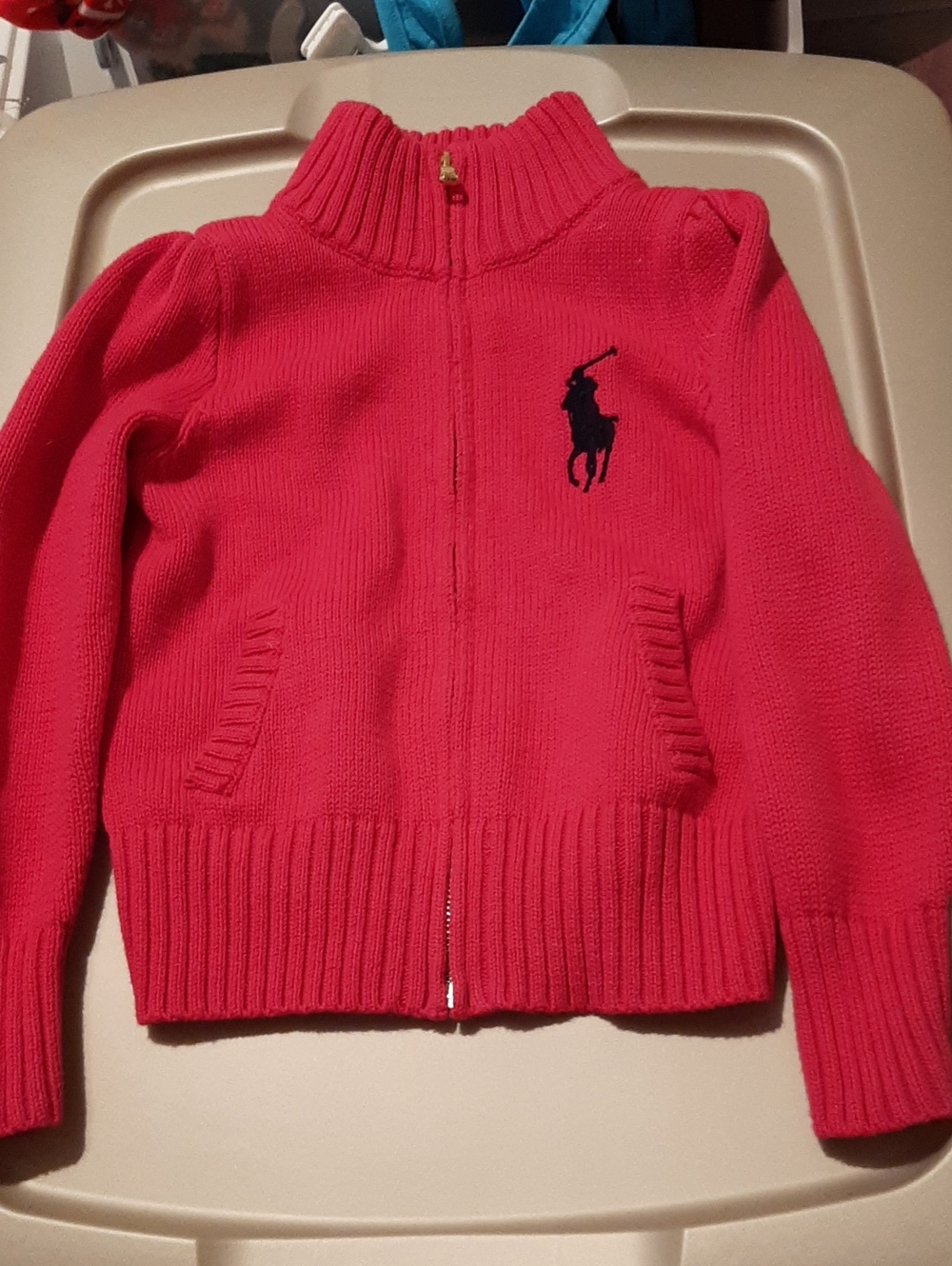 Ralph Lauren Hot Pink Full-Zip Knit Sweater With Blue Pony